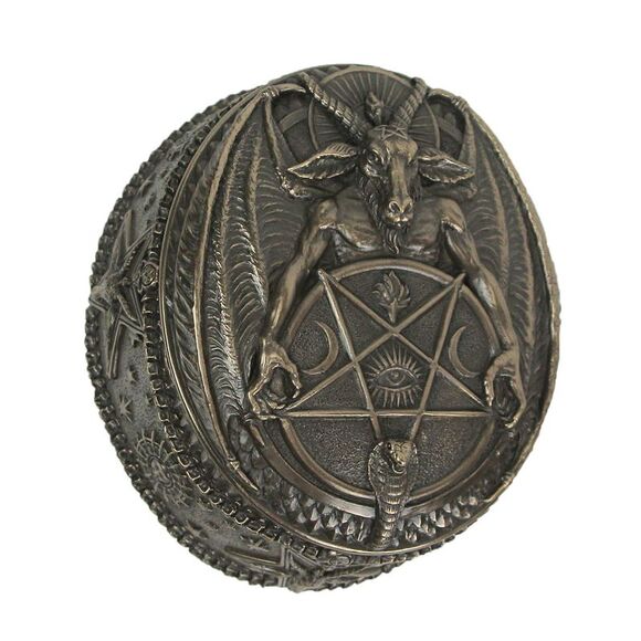 Baphomet With Inverted Pentagram Bronze Finished Round Trinket Box - Picture 1 of 3